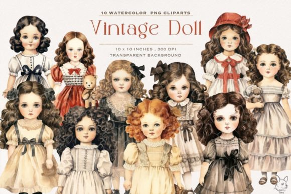 Download Vintage Doll Girl Watercolor Clipart - Vintage doll Collection